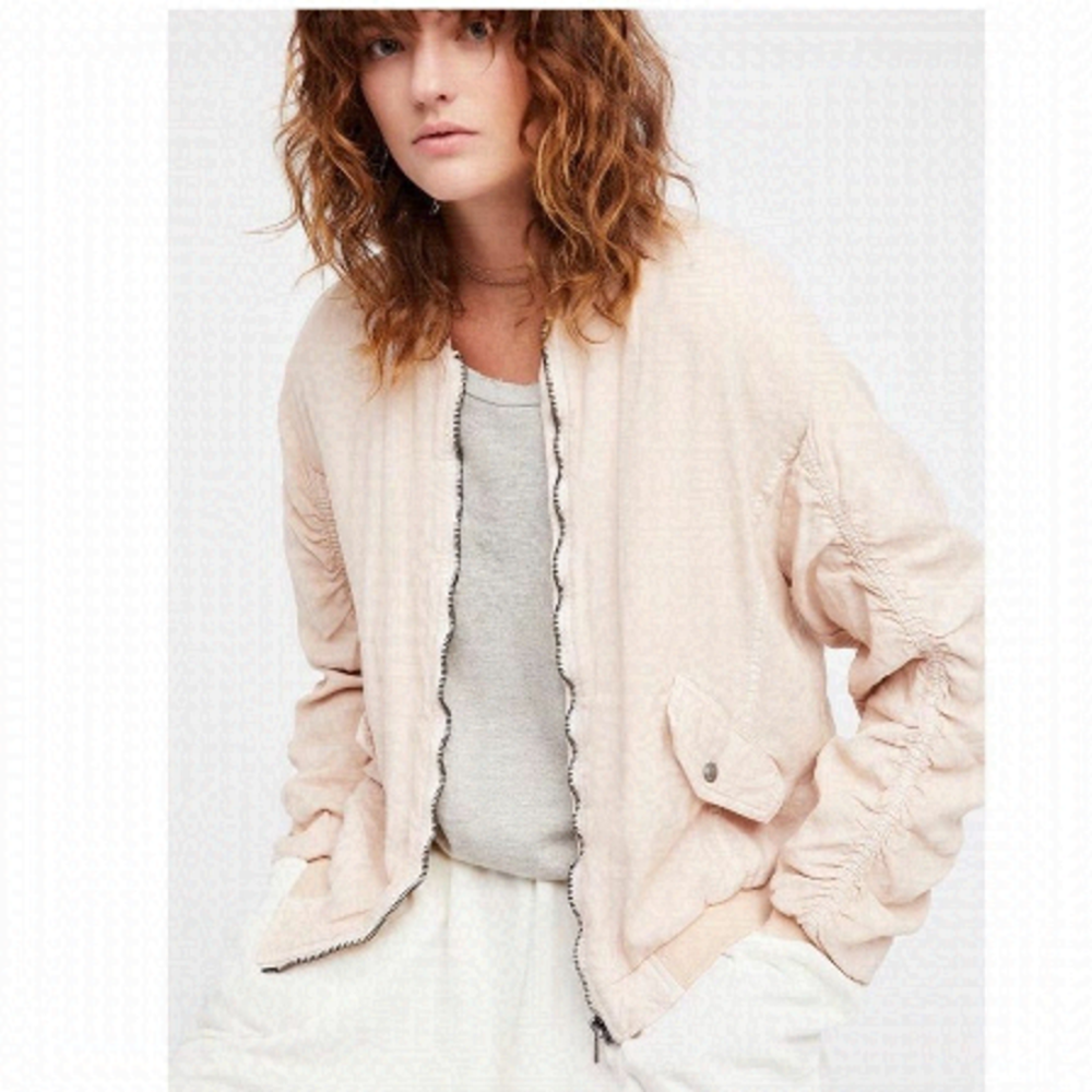 Free PEOPLE - Ruched Linen Bomber Jacket